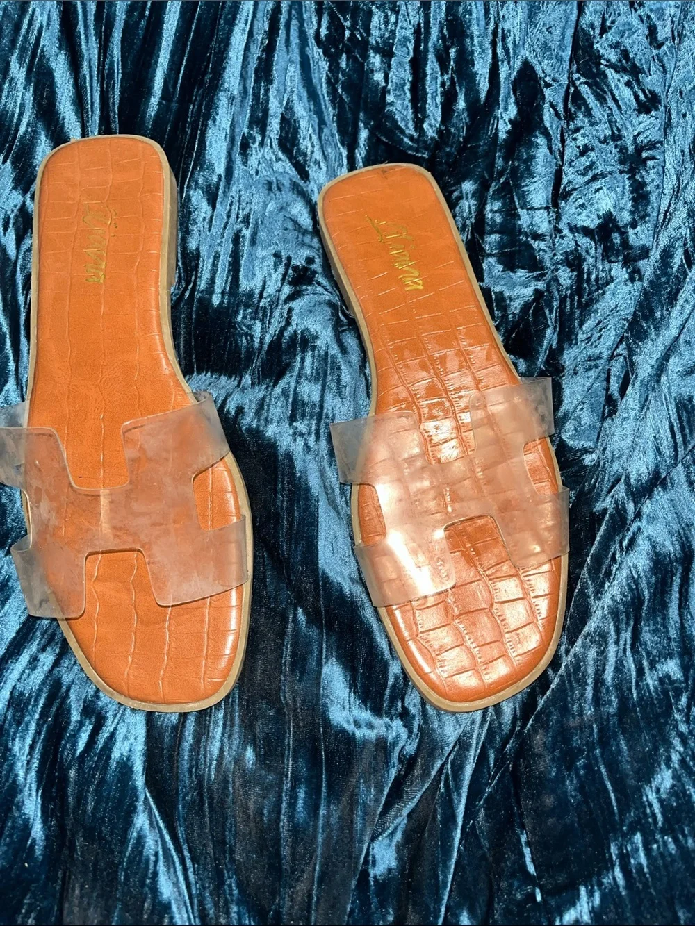 Liliana Tan Croc-Embossed Slide Sandals with Clear Strap